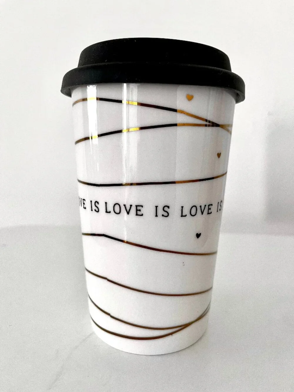 Ceramic travel mug Love is Love 15 oz with silicone lid